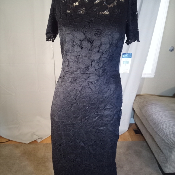 Chaps Black Sheath Midi Dress Short Sleeve Crew Neck Cocktail - Picture 1 of 3